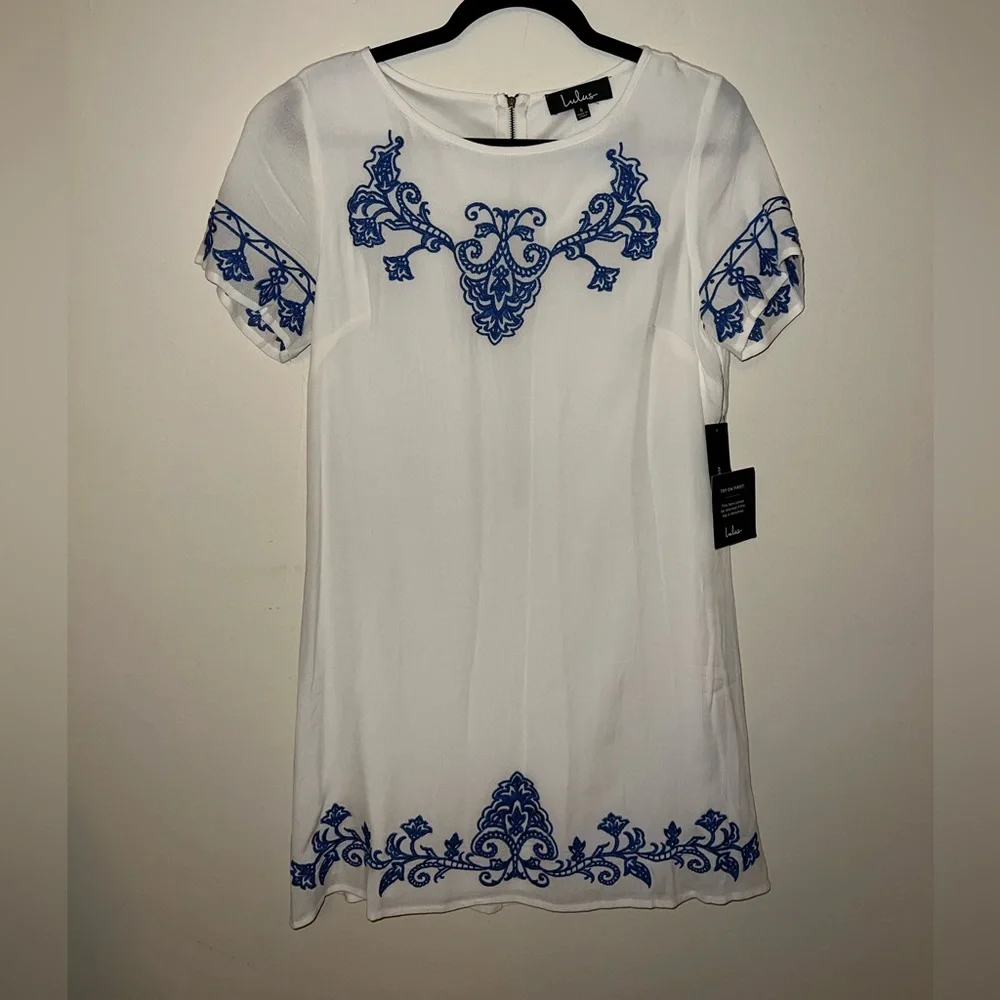 Lulus Tale to Tell Blue and Ivory Embroidered Shift Dress NWT - Picture 5 of 10